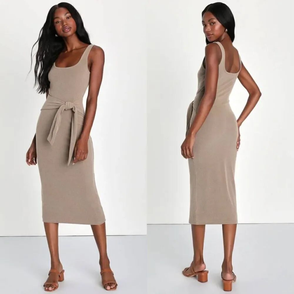 Lulus Optimistic Essence Taupe Ribbed Knit Tie-Front Midi Dress XS NWT